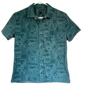 Bixby Nomad Hawaiian Surfer Teal Button-Down Dressy Unisex Shirt Size L (12-14)